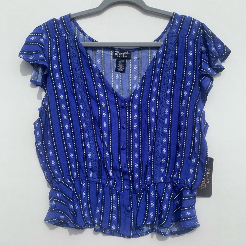 WRANGLER Women’s Retro Flutter Sleeve Button Down Tank Top Blue Size L